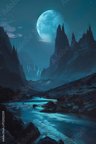 Retro futuristic landscape with blue river, dark mountains and moon Generative Ai 