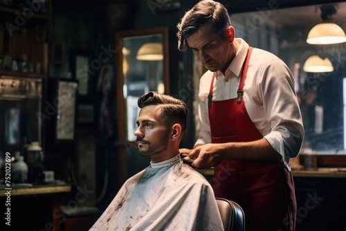 Man getting a haircut in a barbershop, Photo young bearded man sitting and getting haircut in barber shop, AI generated