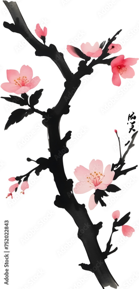 Fototapeta premium Cherry blossom flower branch, drawing of a Cherry blossom flower branch using the Japanese brushstroke technique.