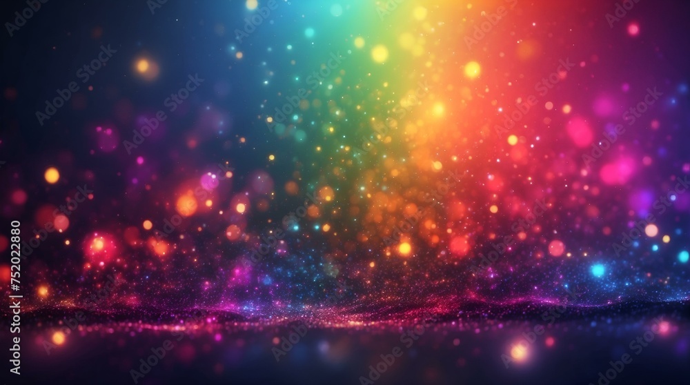 A mesmerizing blend of colors creates a rainbow spectrum that meets a glittering expanse of light particles, embodying vibrant energy and celebration