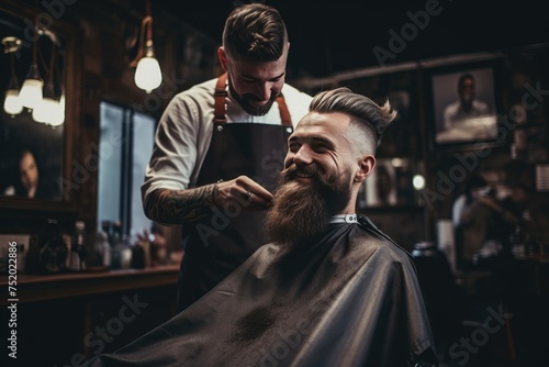 Man getting a haircut in a barbershop, Photo bearded man in barbershop work in the barber shop hairdresser cutting hair , AI generated © Tanu