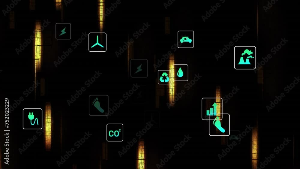 Animation of eco icons and data processing over black background Animation of eco icons and data processing over black background