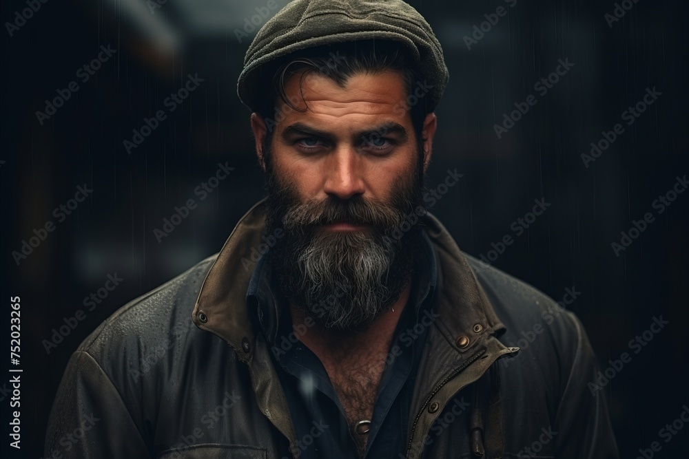 Portrait of a handsome man with a long beard and mustache in a raincoat and cap