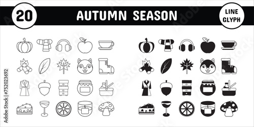 Autumn Season Line Glyph Vector Illustration Icon Sticker Set Design Materials