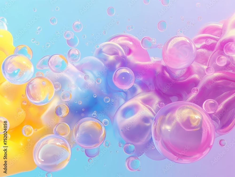 A vibrant abstract backdrop with multiple iridescent bubbles against a pastel background.