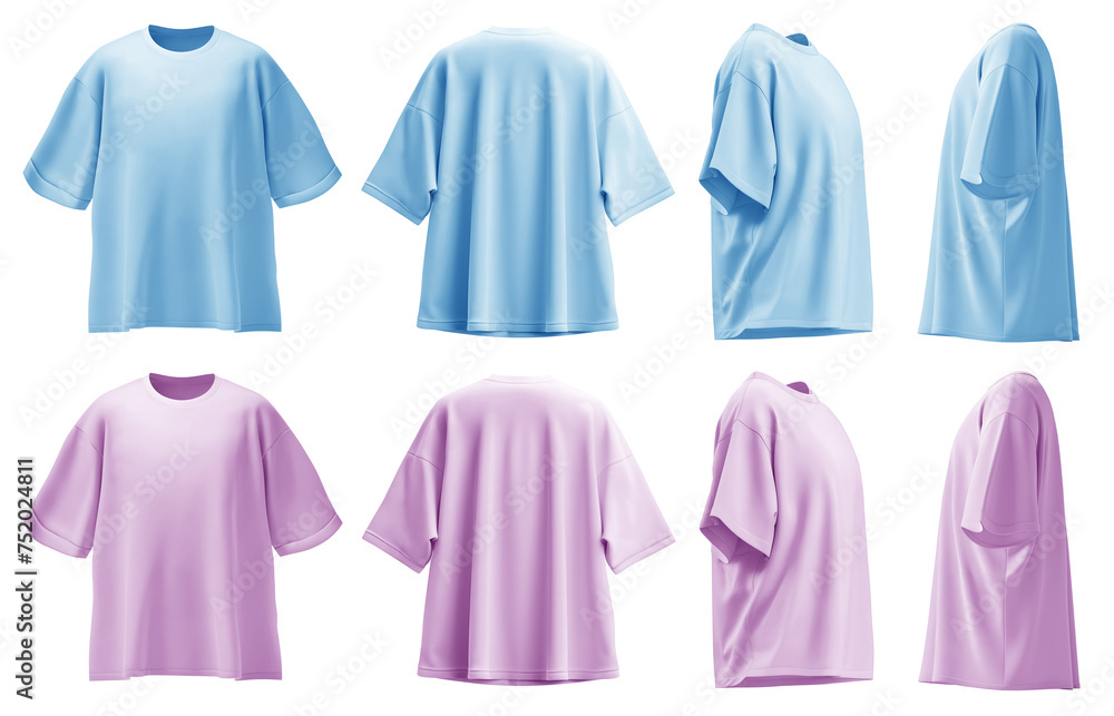 2 Set of pastel light blue purple oversized loose Drop Shoulder tee t shirt round neck front, back and side view on transparent background cutout, PNG file. Mockup template for artwork graphic design 2 Set of pastel light blue purple oversized loose Drop Shoulder tee t shirt round neck front, back and side view on transparent background cutout, PNG file. Mockup template for artwork graphic design