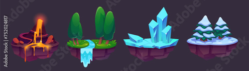 Floating land islands for game level map ui design. Cartoon vector illustration set of flying platforms with rock and lava, forest with river and waterfall, ice or gemstone crystal, winter snowy trees