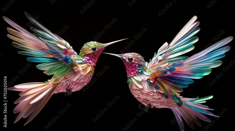 Fototapeta premium Paper art hummingbirds in flight on a black background