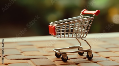 Online shopping concept with a small shopping cart model.