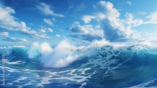 Powerful foamy sea waves rolling and splashing over the water's surface against a cloudy blue sky © crazyass