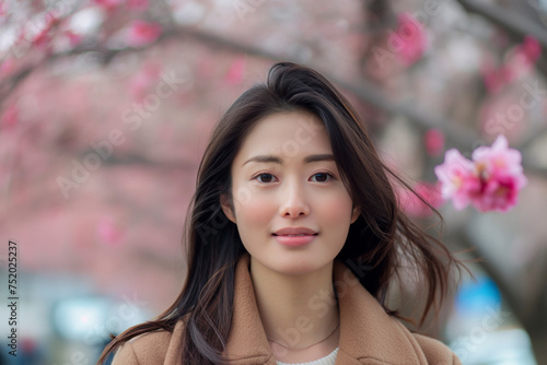 happiness smiling Asian woman lively in the city with sunlight pink sakura flower tree, smiling faces reflect the joy of a blissful scene, spring summer against a blurred bokeh background