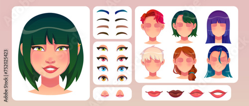 Young woman face construction set isolated on white background. Vector cartoon illustration of female character avatar design elements, head, hairstyles, color eyes, eyebrows, smiling and sad lips