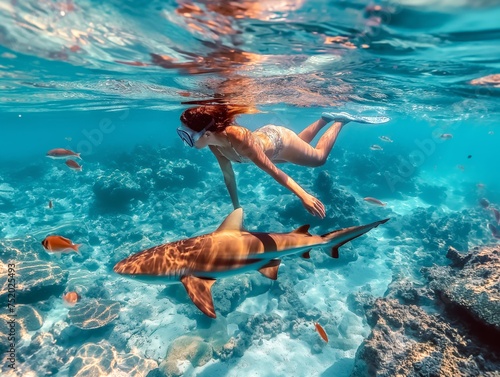 A woman snorkeling with a shark in crystal clear blue water, surrounded by fish and sunbeams.