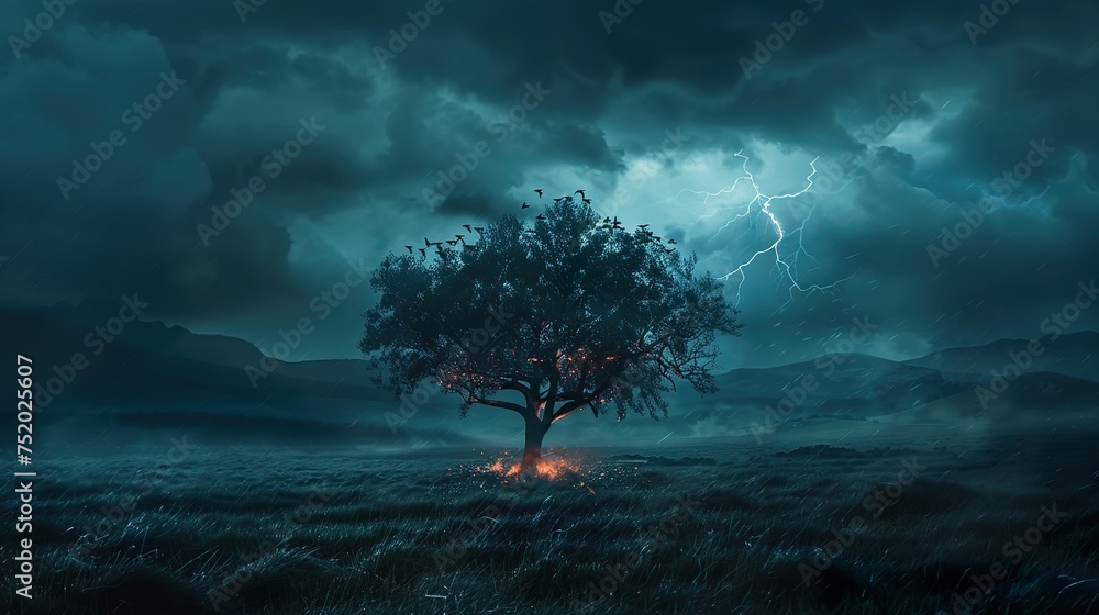 Tree in empty dark flat grass land with storm, the tree is slowly burning down, mountains in the distance, flat, cold colors, nighttime, blue colors - obrazy, fototapety, plakaty 