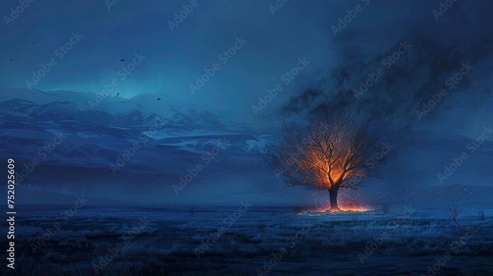Tree in empty dark flat grass land with storm, the tree is slowly burning down, mountains in the distance, flat, cold colors, nighttime, blue colors