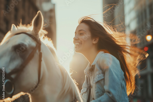 women ride horses with happiness and lively and fashionable smiles, women's happiness Freedom in beauty, gliding among the beautiful city and warm morning light. © BrightSpace
