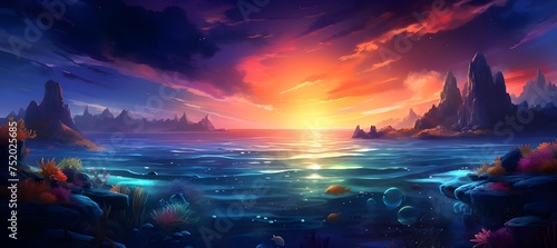 Night landscape illustration colorful anime landscapes retro sunset illustration, Amazing view of colorful sunset twilight sky © Kaini
