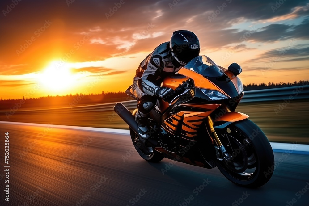 Motorcycle rider rides on a race track at sunset. Motion blur, Motorcycle rider on sport bike rides fast on race track at sunset. Extreme athlete Sport Motorcycles Racing, Ai generated