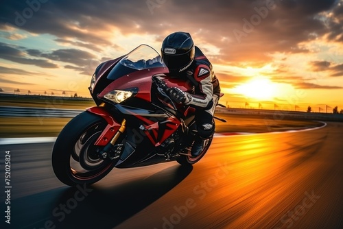Motorcycle rider rides on a race track at sunset. Motion blur, Motorcycle rider on sport bike rides fast on race track at sunset. Extreme athlete Sport Motorcycles Racing, Ai generated