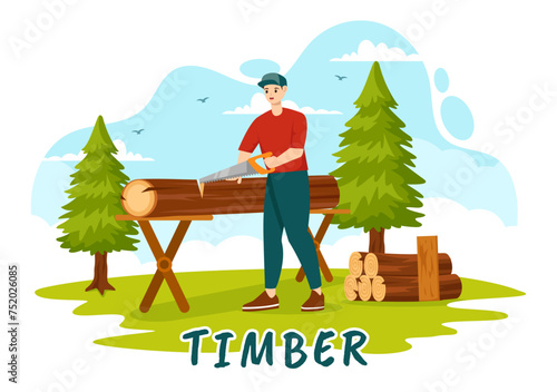 Timber Vector Illustration with Man Chopping Wood and Tree with Lumberjack Work Equipment Machinery or Chainsaw at Forest in Flat Cartoon Background