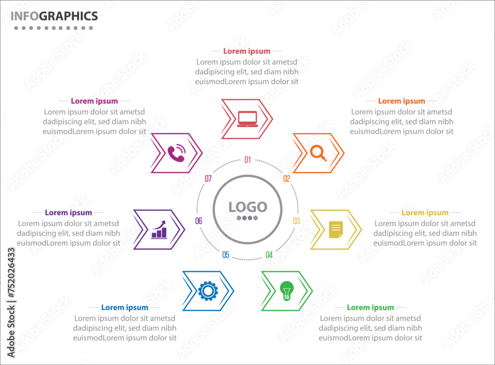 Circle infographic template with 7 options for presentations. Vector infographic design template. diagram, number options. Data visualization. Business concept with 7 steps, seven process. Circle infographic template with 7 options for presentations. Vector infographic design template. diagram, number options. Data visualization. Business concept with 7 steps, seven process.