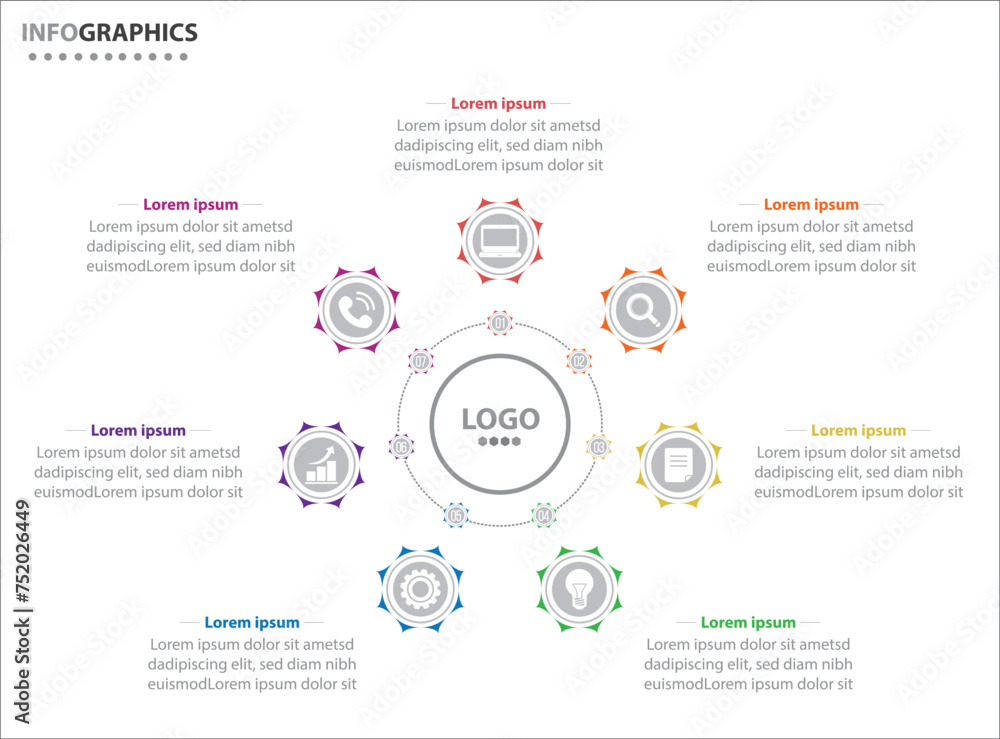 Circle infographic template with 7 options for presentations. Vector infographic design template. diagram, number options. Data visualization. Business concept with 7 steps, seven process. Circle infographic template with 7 options for presentations. Vector infographic design template. diagram, number options. Data visualization. Business concept with 7 steps, seven process.