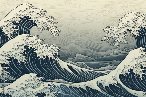 Tranquil and nostalgic Japanese drawing of waves, infused with vintage charm, forming a captivating and serene background, Generative AI
