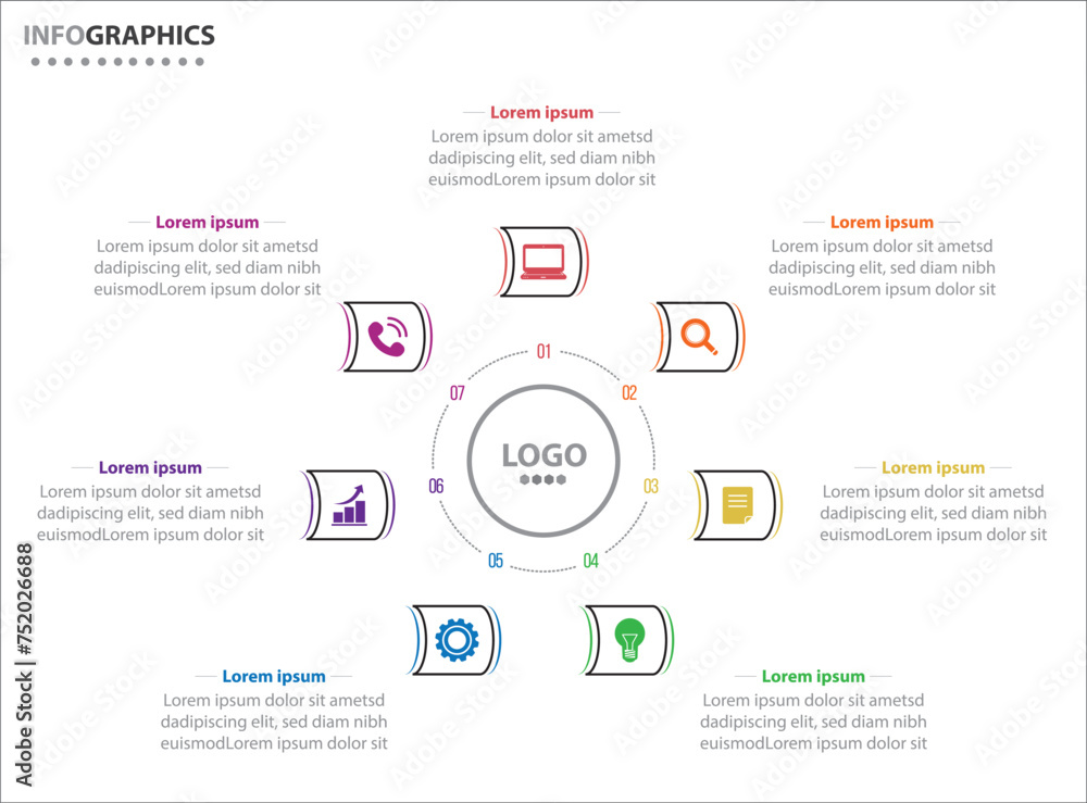 Circle infographic template with 7 options for presentations. Vector infographic design template. diagram, number options. Data visualization. Business concept with 7 steps, seven process. Circle infographic template with 7 options for presentations. Vector infographic design template. diagram, number options. Data visualization. Business concept with 7 steps, seven process.