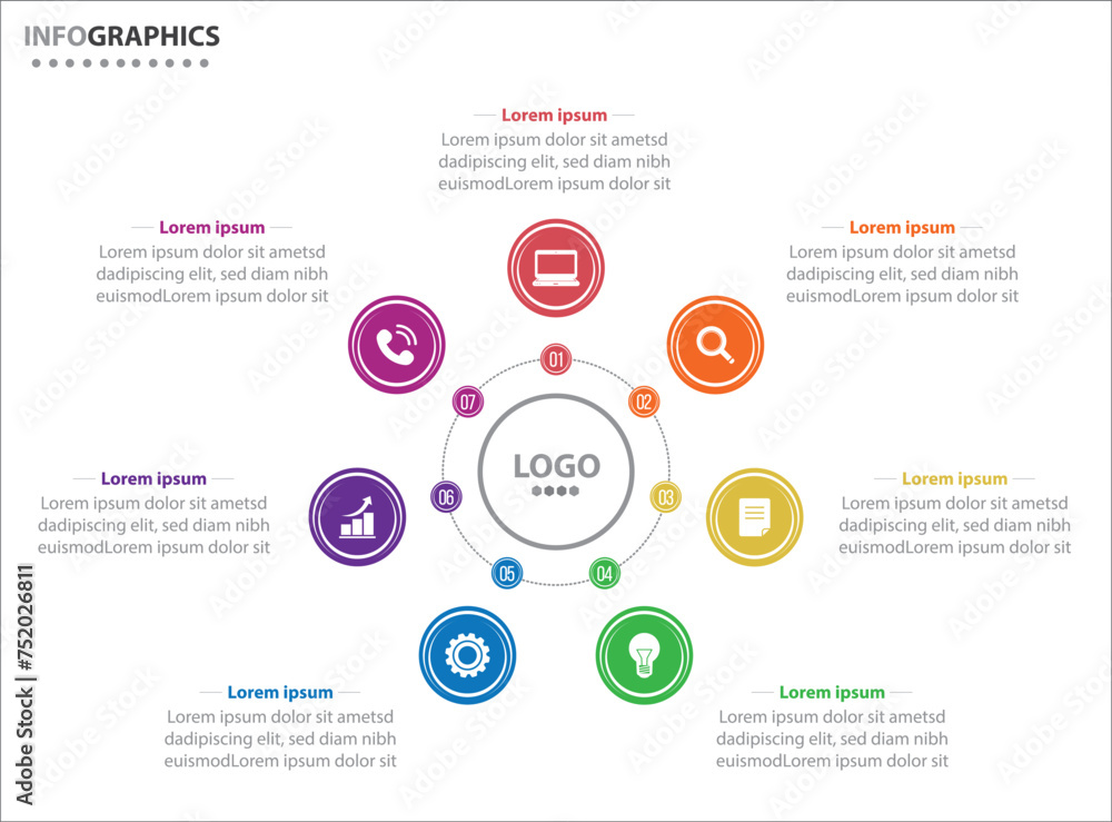 Circle infographic template with 7 options for presentations. Vector infographic design template. diagram, number options. Data visualization. Business concept with 7 steps, seven process.