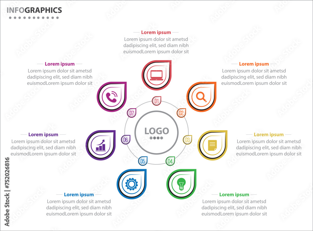 Circle infographic template with 7 options for presentations. Vector infographic design template. diagram, number options. Data visualization. Business concept with 7 steps, seven process. Circle infographic template with 7 options for presentations. Vector infographic design template. diagram, number options. Data visualization. Business concept with 7 steps, seven process.