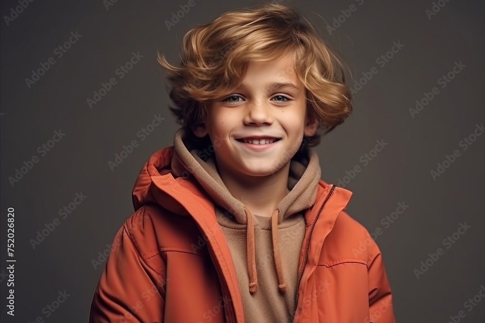 Portrait of a cute little boy with blond curly hair in a red jacket. Portrait of a cute little boy with blond curly hair in a red jacket.