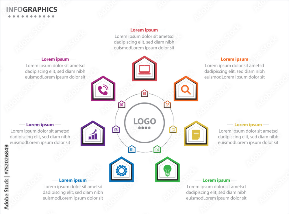 Circle infographic template with 7 options for presentations. Vector infographic design template. diagram, number options. Data visualization. Business concept with 7 steps, seven process. Circle infographic template with 7 options for presentations. Vector infographic design template. diagram, number options. Data visualization. Business concept with 7 steps, seven process.