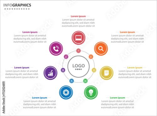 Circle infographic template with 7 options for presentations. Vector infographic design template. diagram, number options. Data visualization. Business concept with 7 steps, seven process.