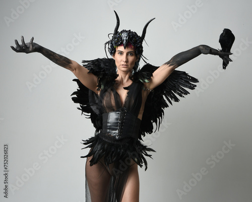 Close up portrait of female model wearing gothic horned headdress with halloween black dress and fantasy angel feather wings. Holding bird prop with gestural arms posing. Isolated studio background