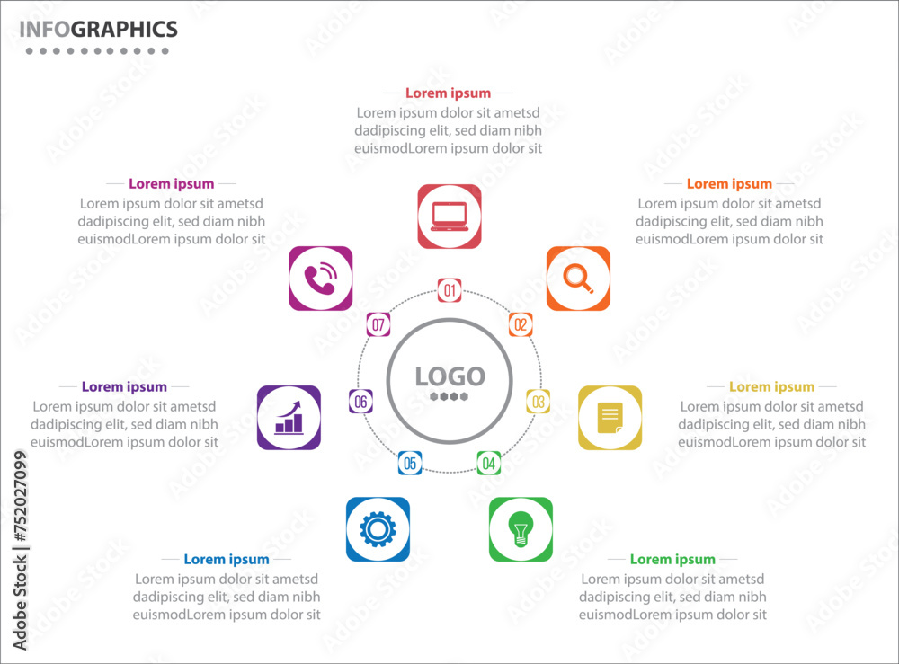 Circle infographic template with 7 options for presentations. Vector infographic design template. diagram, number options. Data visualization. Business concept with 7 steps, seven process. Circle infographic template with 7 options for presentations. Vector infographic design template. diagram, number options. Data visualization. Business concept with 7 steps, seven process.