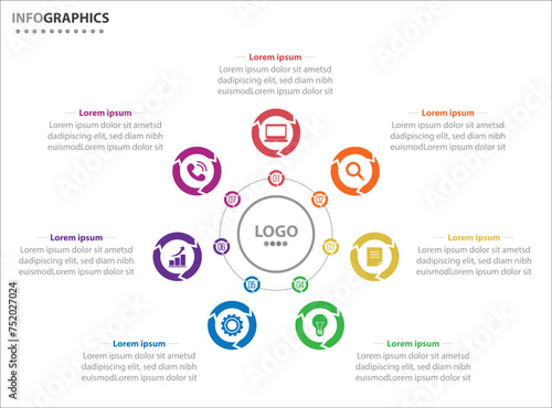 Circle infographic template with 7 options for presentations. Vector infographic design template. diagram, number options. Data visualization. Business concept with 7 steps, seven process.