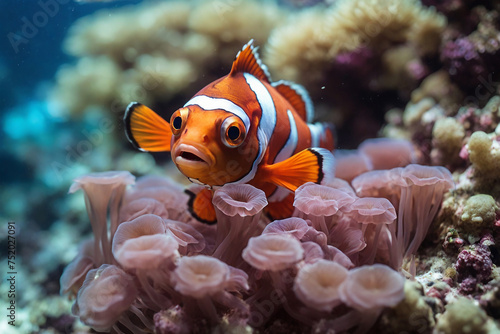 Clown anemone fish underwater in the ocean