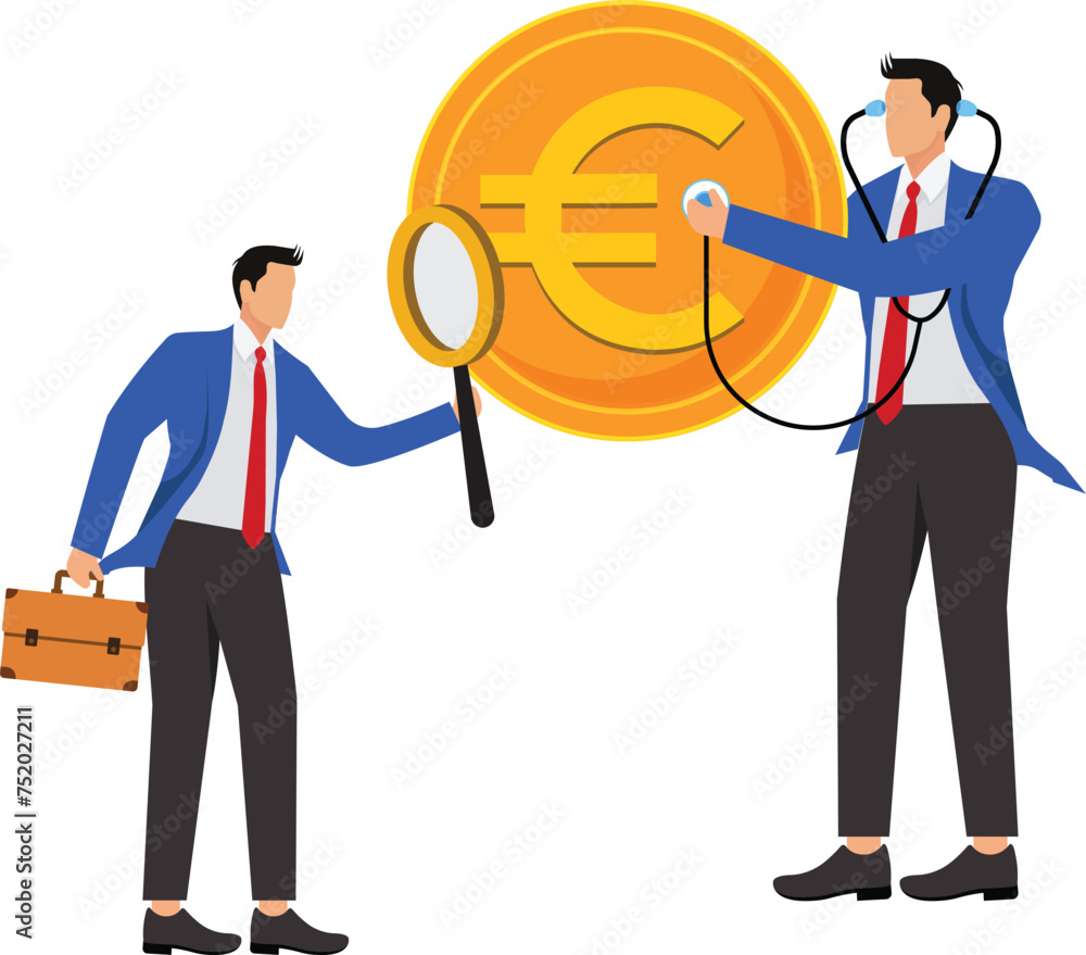 Financial advisors Businessman team listen to and analyze a big Euro sign European Union currency with a stethoscope, concept of monetary analysis
