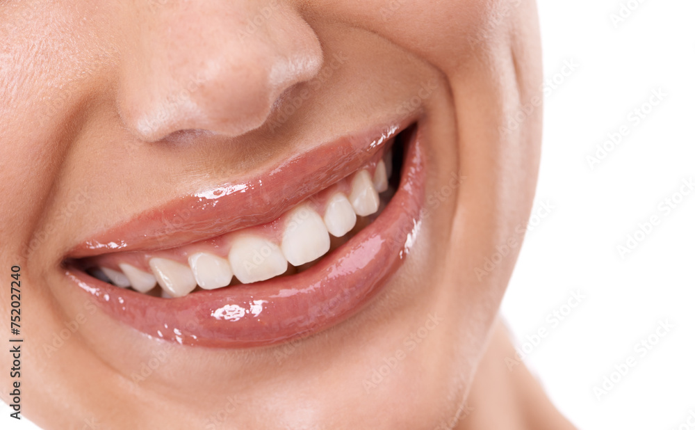 Obraz premium Closeup, mouth and teeth whitening with woman for beauty, makeup with gloss for hydration and dental health. Cosmetic, orthodontics and moisturizing for lips with oral hygiene on white background