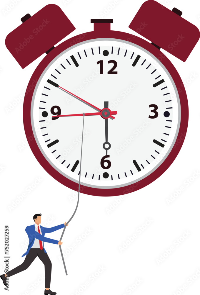 Take back your time, one businesswoman pulling time clock on rope over cliff, time pressure and time management concept