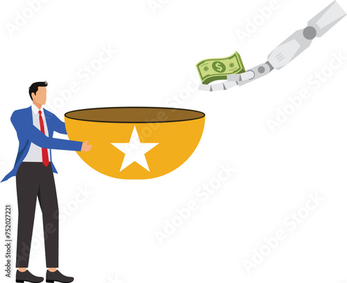 Businessman holds an empty bowl to beg for help and a big hand gives him money