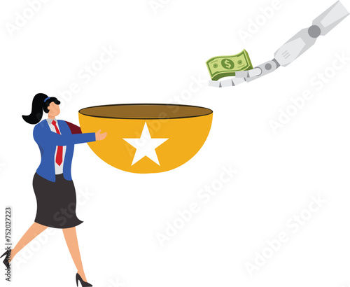 Businesswoman holds an empty bowl to beg for help and a big hand gives him money