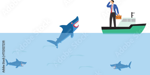 Businessman is getting attacked by a shark