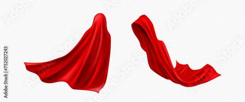 Red superhero cloak set isolated on white background. Vector realistic illustration of silk cloth drapery flying in wind, halloween costume mantle, textile curtain for home interior design, satin cape