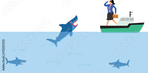 Businesswoman is getting attacked by a shark