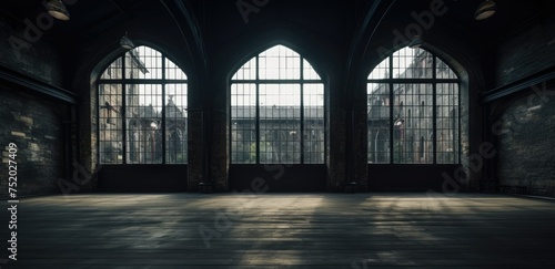 Spacious empty industrial loft with large windows and sunlight casting shadows on the floor.