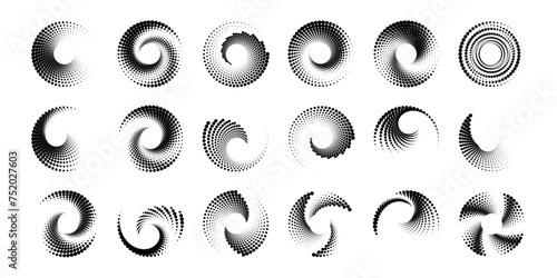 Big set of circular halfton spirals. Vector halftone dots background for design banners, posters, business projects, pop art texture, covers. Geometric black and white texture.