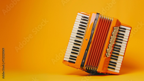 A vibrant orange accordion set against a bold yellow background, its bellows ready to expand and contract, filling the air with lively and spirited folk tunes.