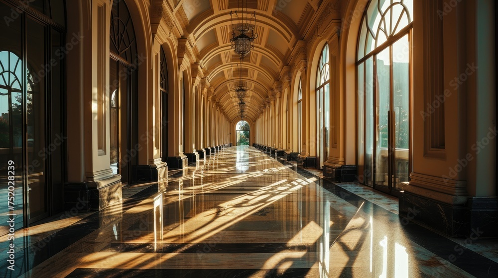 Elegant corridor with arched windows casting long shadows on glossy floor, warm sunlight bathing the interior. - obrazy, fototapety, plakaty 