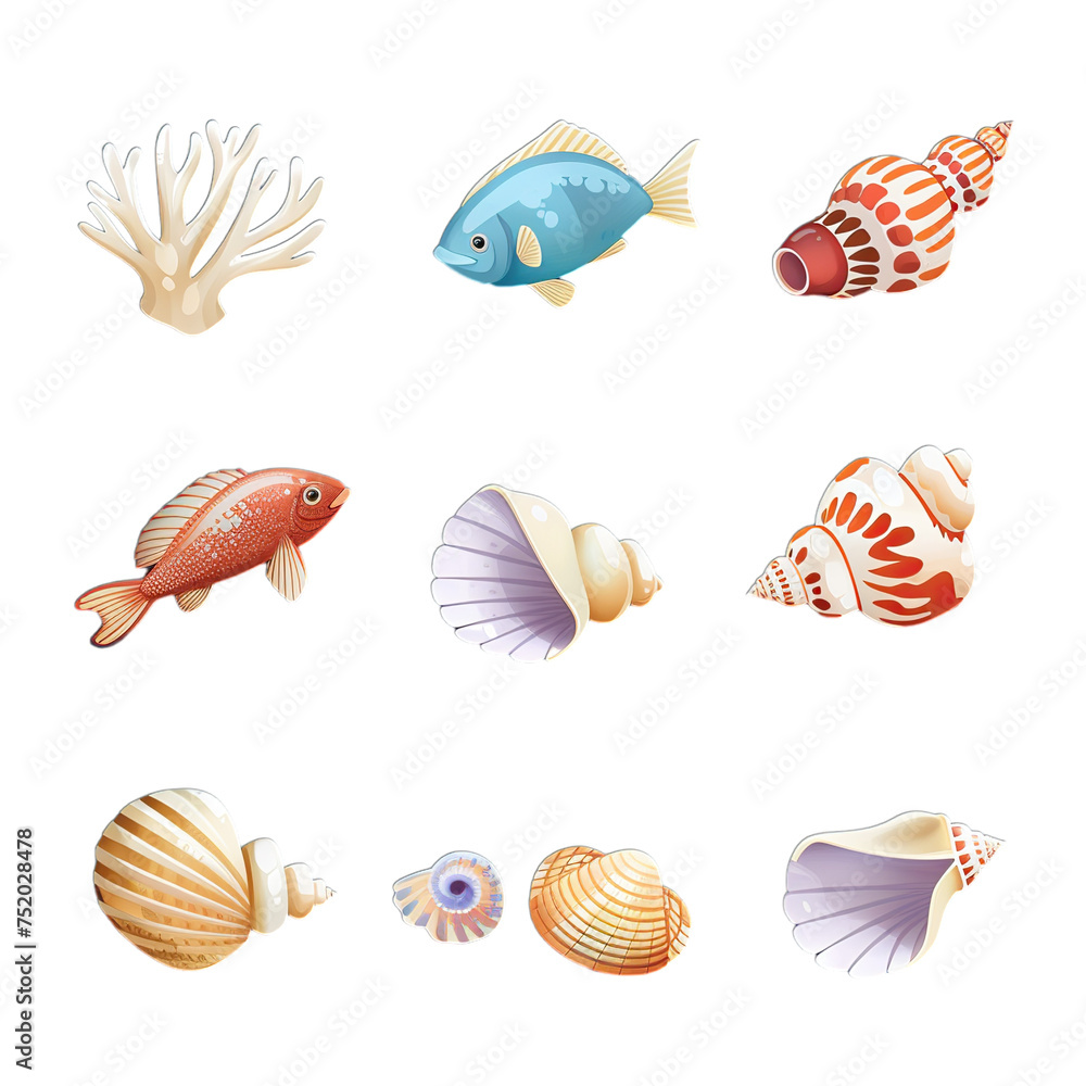 set of sea fish and animals